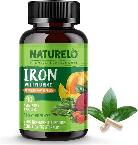 NATURELO Vegan Iron Supplement with Vitamin C and Organic Whole Foods - Gentle Iron Pills for ...