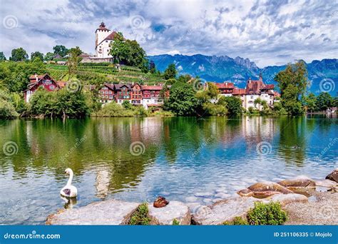 Werdenberg Castle with Werdenberg Lake and Cityscape of Buchs in the Canton of St. Gallen in ...