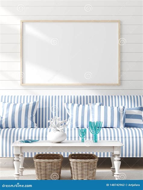 Mock Up Frame in Bedroom Interior, Marine Room with Sea Decor and Furniture, Coastal Style Stock ...