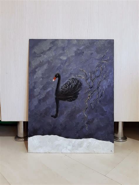 Black Swan Original Oil Painting, Swan Wall Art, Evening Nature Painting, Bird Landscape, Bird ...