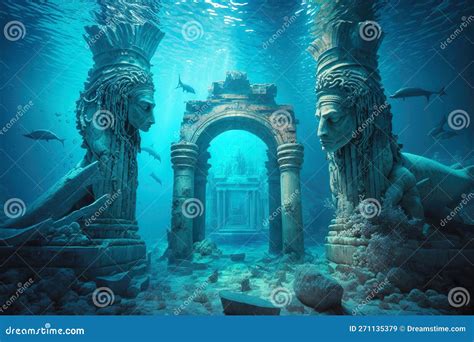 Ancient City Ruins Underwater, Old Statues on Sea Ground, Generative AI Stock Illustration ...