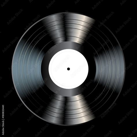 vector blank black LP vinyl record with white label on black background, realistic illustration ...