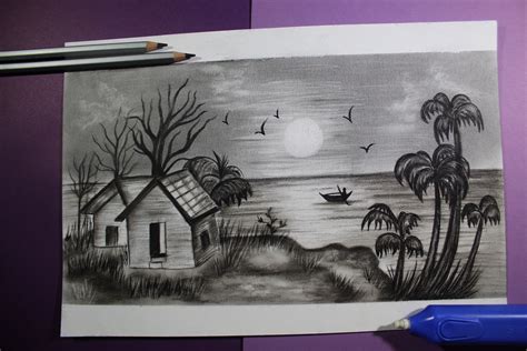 how to draw scenery of moonlight night scene with a pencil sketch | Nature art drawings, Buddha ...