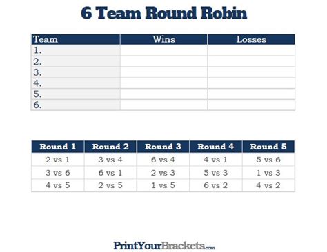 Printable 6 Team Round Robin Tournament Bracket | League schedule, Team ...