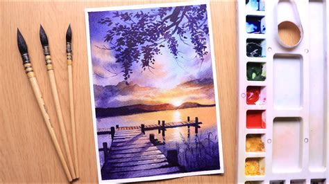 Watercolor painting of sunset evening landscape of river side easy ...