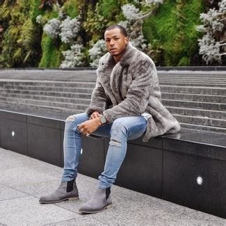 How To Wear a Grey Fur Coat With Grey Suede Chelsea Boots For Men (1 ...