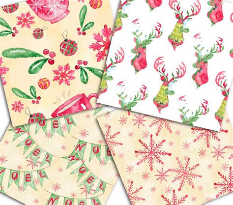 Red Christmas Paper Scrapbook Paper Pack Watercolor Digital - Etsy