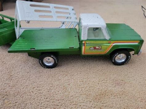 Vintage Nylint Pressed Steel Nylint Farms Green Truck And Trailer Set | #3919572199