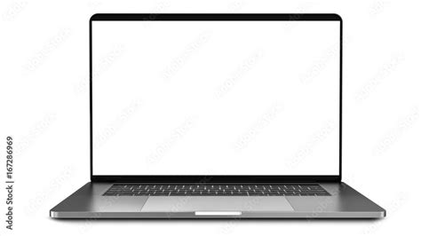 Laptop with blank screen isolated on white background, white aluminium body.Whole in focus. High ...