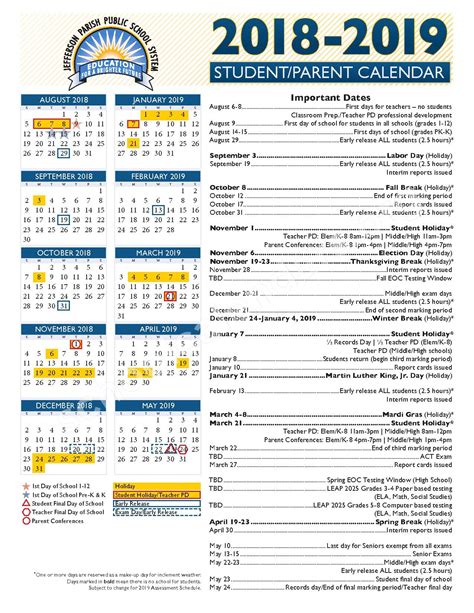 2018 - 2019 School Year Calendar | Jefferson Parish Public School System – Harvey, LA