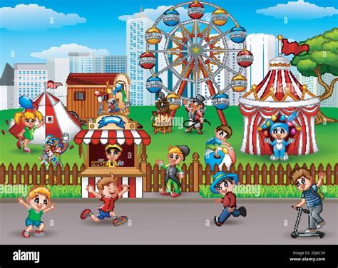 Vector illustration of Children having fun at amusement park Stock ...