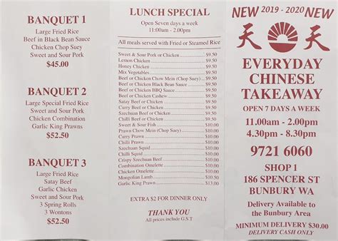 Menu at Everyday Chinese restaurant, Bunbury