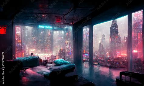 futuristic room in cyberpunk dystopian New York , digital illustration ...