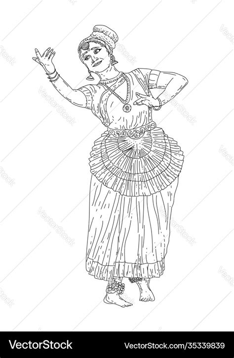 Kerala culture dance mohiniyattam outline drawing Vector Image