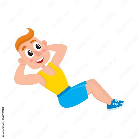 Young man doing sit ups, sport exercises, training in gym, cartoon ...