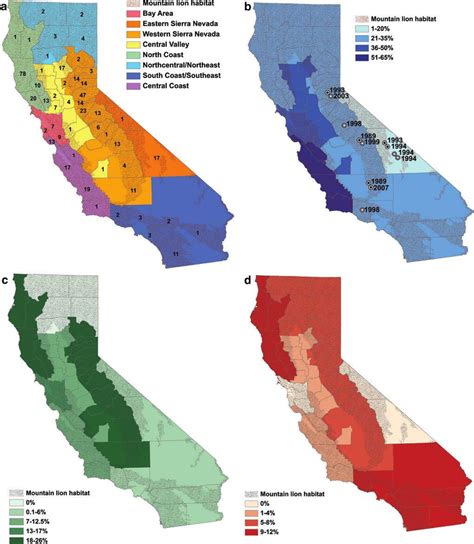 (a) The nine regions of analysis and California mountain lion habitat ...