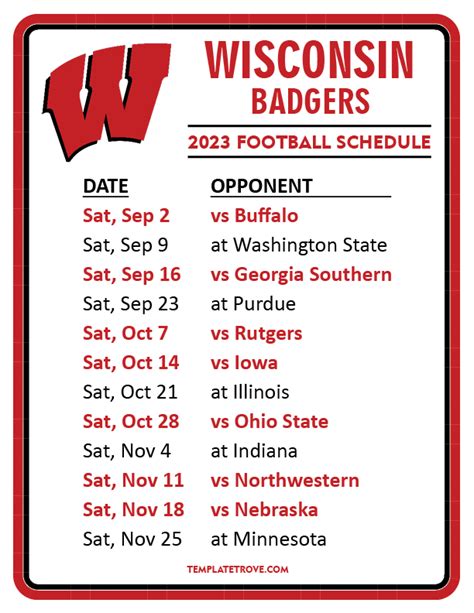 Printable 2023 Wisconsin Badgers Football Schedule