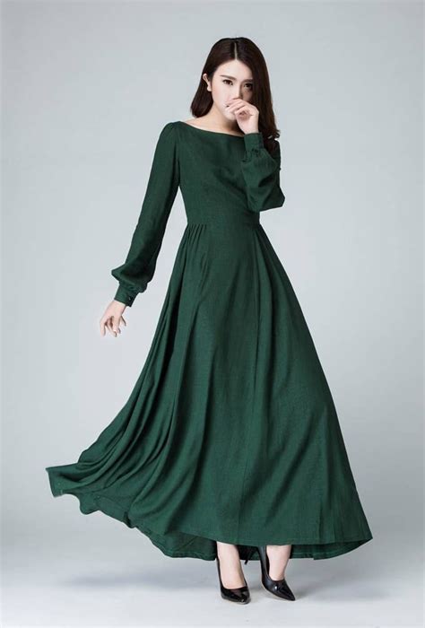 linen linen dress womens dress green dress long sleeve