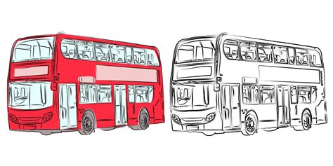 London double-decker modern bus in red and pencil drawing with front view. Red bus. 6795284 ...