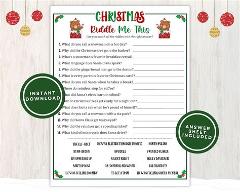 Printable Christmas Riddle Me This Game for Kids and Adults, 15 Funny Christmas Riddles With ...