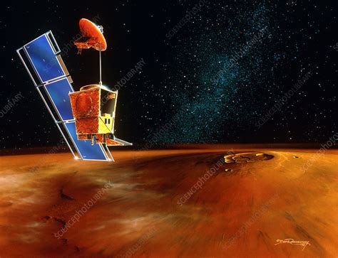 Artwork of the Mars Climate Orbiter orbiting Mars - Stock Image - R258/0038 - Science Photo Library