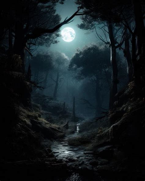 Premium AI Image | Dark forest with full moon in the background A dark forest with a stream ...