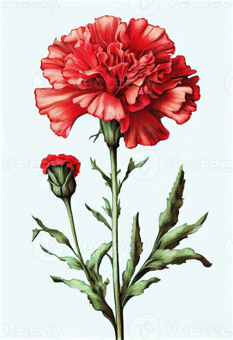 Red carnation flower drawing isolated on white background. Watercolor ...