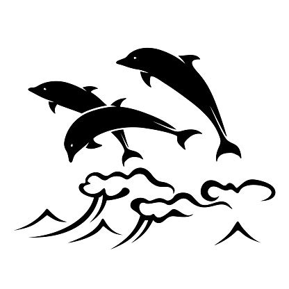 Drie Dolfijnen Die Uit De Oceaangolven Springen Vector Zwart Silhouet Stockvectorkunst en meer ...