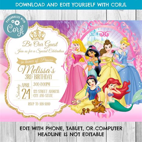 INSTANT DOWNLOAD Princess Invitation Princess Birthday Invitation ...