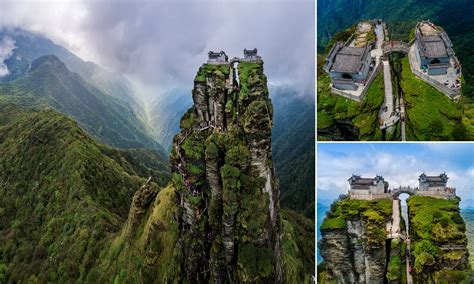 Photos of twin temples on 100m rock columns on China's Mount Fanjing