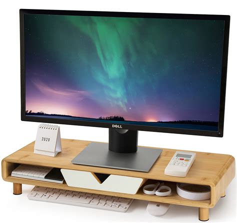 Homerays Bamboo Monitor Stand Riser with Drawer, Exquisite Ergonomic ...