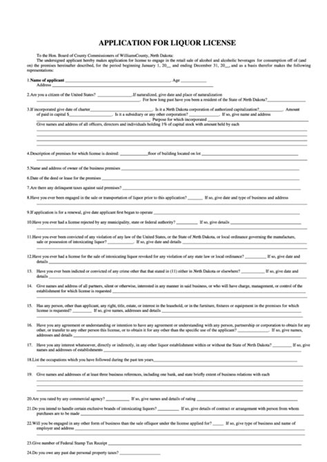 Application For Liquor License Form - Board Of County Commissioners Of Williams County printable ...