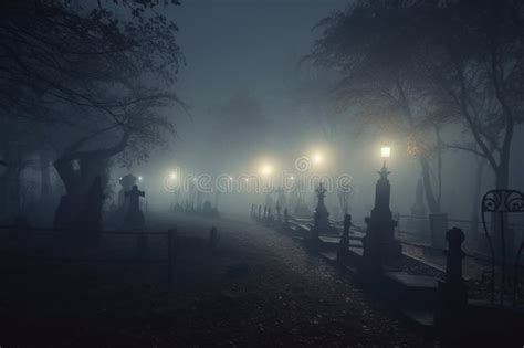 Dark Graveyard at Night, Shrouded in Thick Fog and an Eerie Horror ...