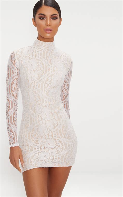 White High Neck Long Sleeve Lace Bodycon Dress | PrettyLittleThing