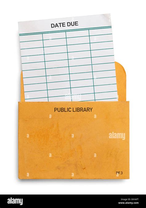 Blank public Library Book Check Out Card Due Date slip in yellow envelope Isolated on White ...