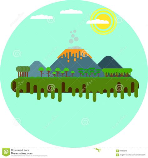 Illustration about Flat vector art of volcano erupting on a tropical island. Illustration of ...