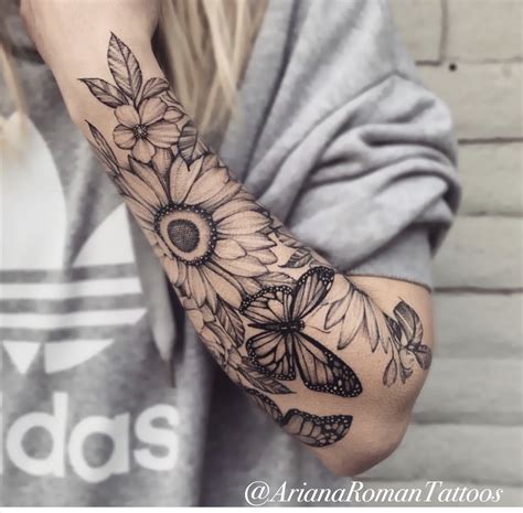 Floral half sleeve by Ariana Roman | Sunflower tattoo sleeve, Sleeve tattoos for women ...