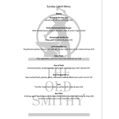 Menu at The Old Smithy pub & bar, Eccleshall