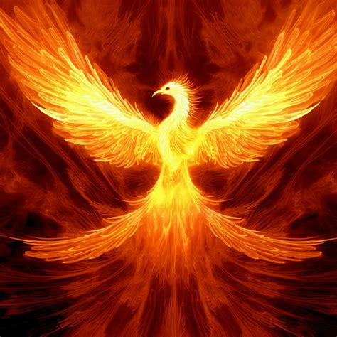 Phoenix bird with outstretched wings rising burning in flames. Epic ...