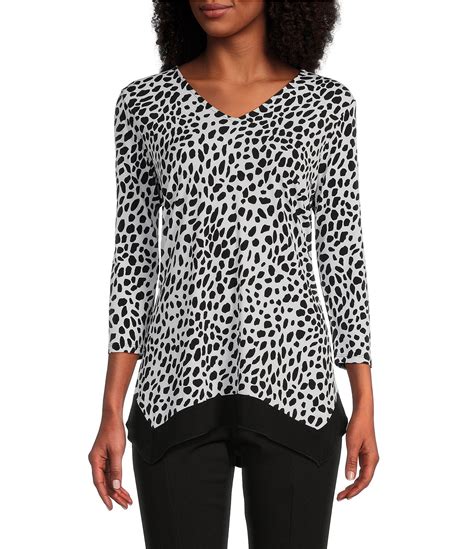 Slim Factor by Investments Animal Print 3/4 Sleeve V-Neck Handkerchief Hem Top | Dillard's