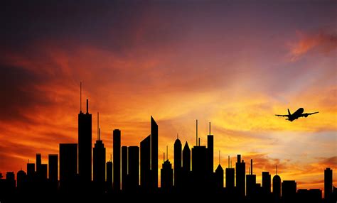 Conceptual photo of city downtown at sunrise sunset with skyline ...