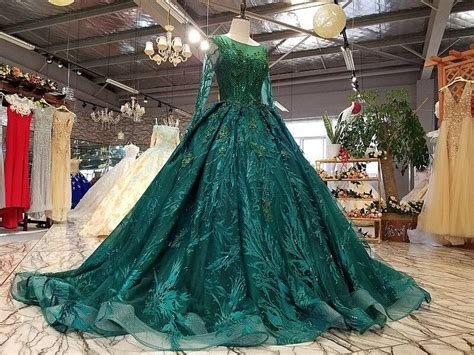 royal green long tulle sleeve party dresses o-neck lace up back ball g ...