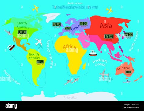 Time zones on a world map. Time difference between countries in winter ...