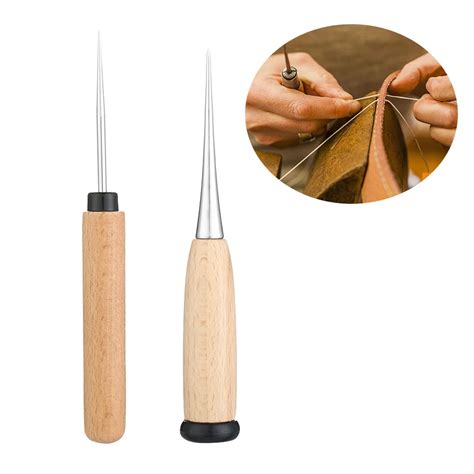 2 Styles Stainless Steel Leather Craft Awl Tool Hole Maker with Wooden Handle Sewing Stitching ...