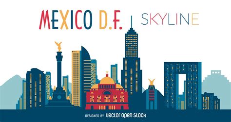 Illustration featuring Mexico D. F. skyline with silhouettes of classic ...