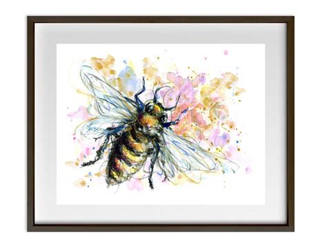 Bee Sketch Colourful Art Print Insect Gold Watercolor - Etsy