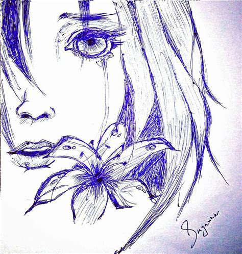 Pen sketch of sad girl with a flower.