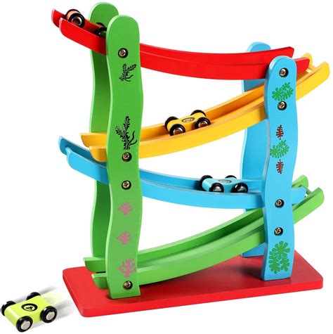 Buy Toyshine Wooden Car Ramps Race - 4 Level Toy Car Ramp Race Track Includes 4 Wooden Toy Cars ...