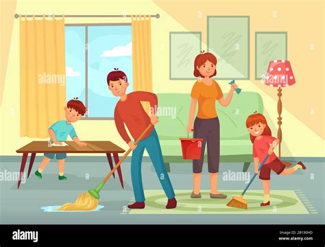 Family cleaning house. Father, mother and kids cleaning living room together housework cartoon ...