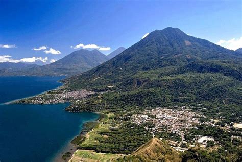 Towns of San Juan La Laguna and San Pedro and the San Pedro volcano at Lake Atitlan, Guatemala ...